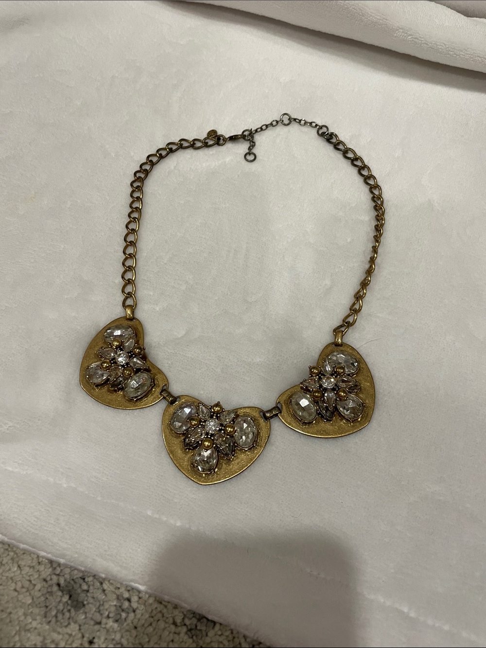 J Crew Gold Heart Necklace with Clear Crystal Clusters